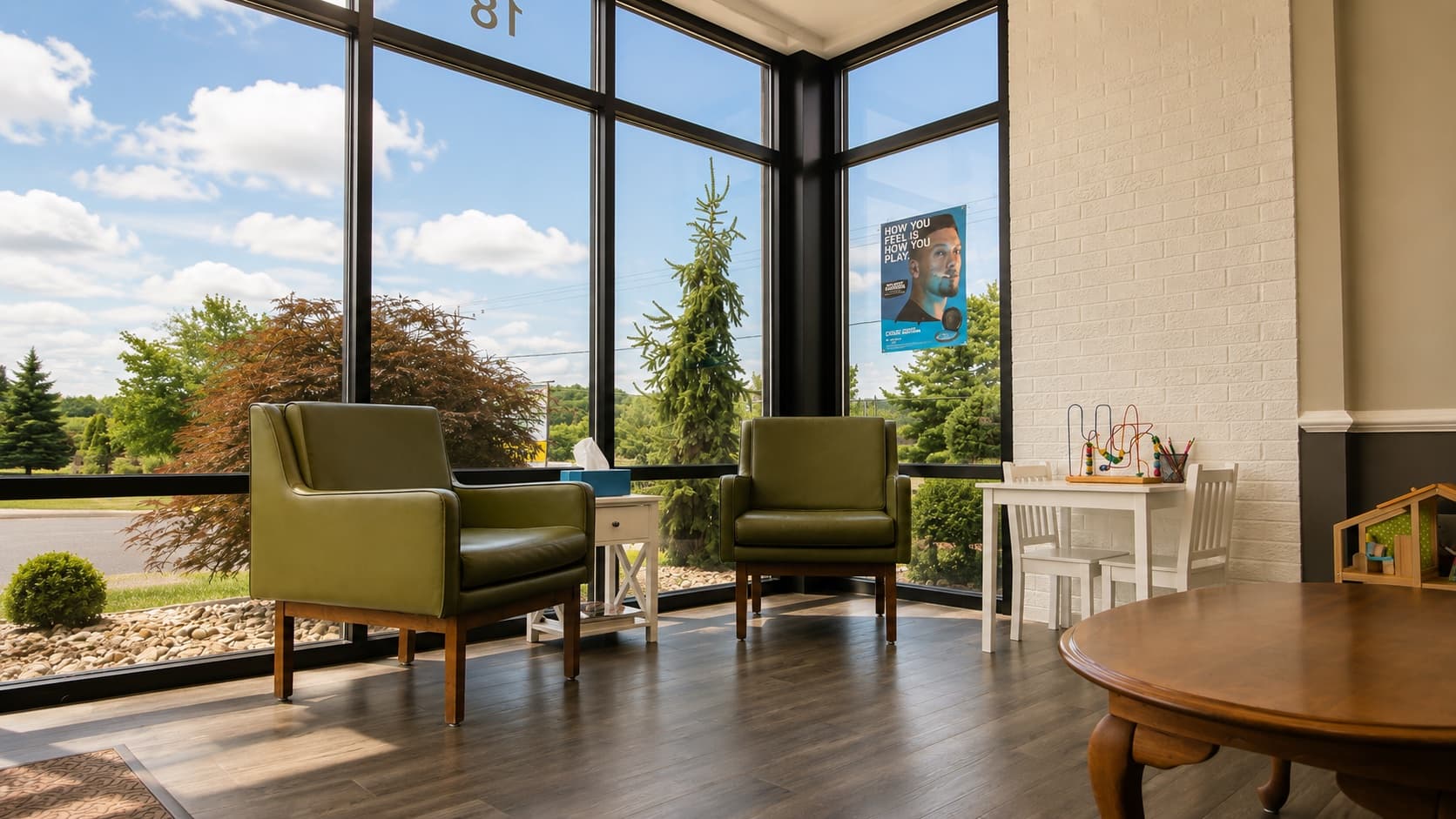 Shenandoah Dental Center waiting room with valley-view windows and kids' play corner